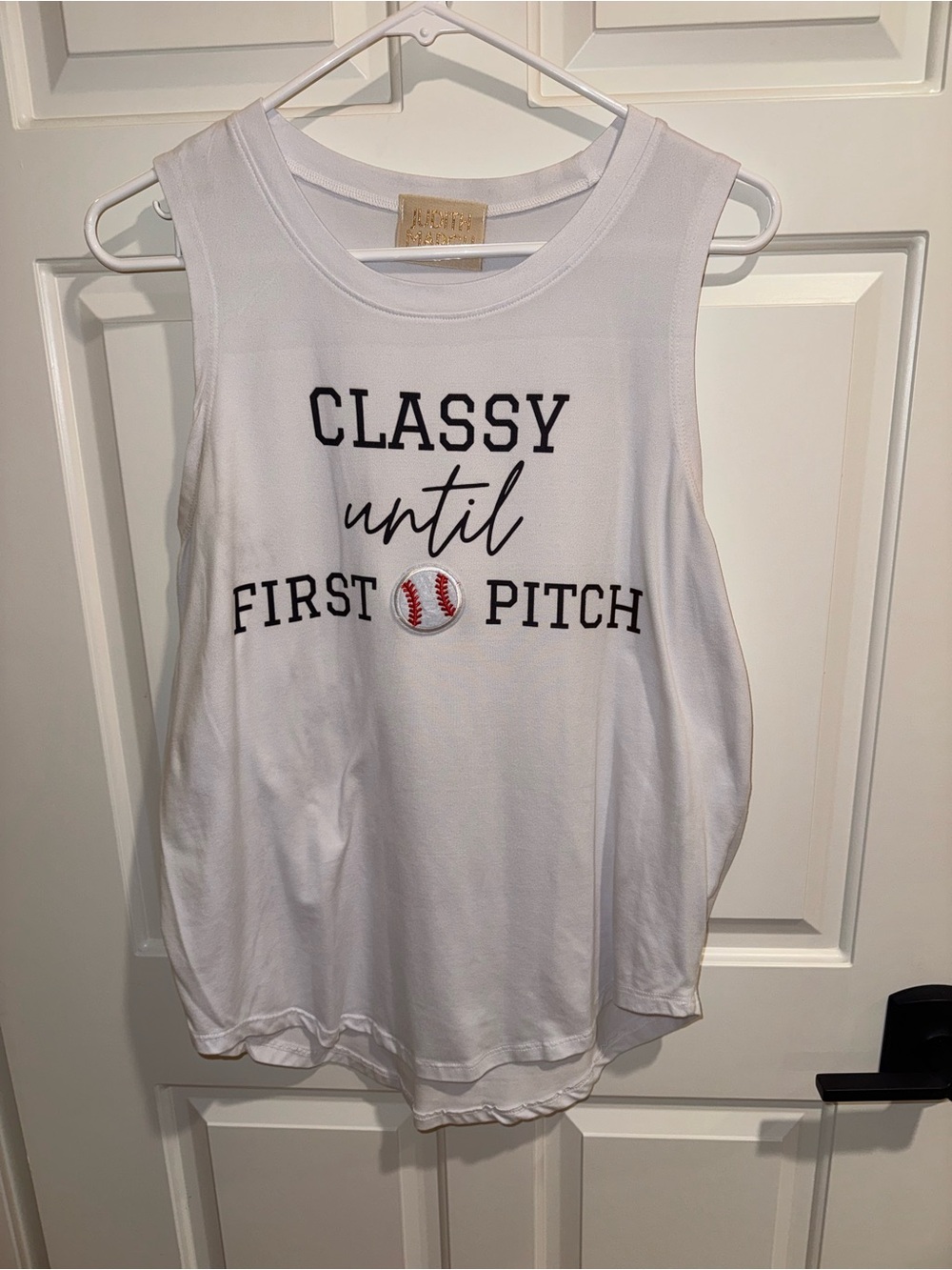Judith March White Tank Top with Black Text and Red Baseball Graphic